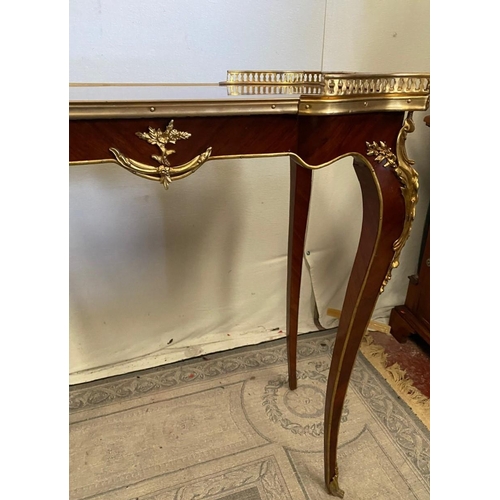 18 - A FINE PAIR OF FRENCH STYLE ROSEWOOD & MAHOGANY INLAID SIDE TABLES, each with raised pierced brass g... 