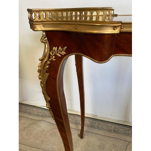 18 - A FINE PAIR OF FRENCH STYLE ROSEWOOD & MAHOGANY INLAID SIDE TABLES, each with raised pierced brass g... 