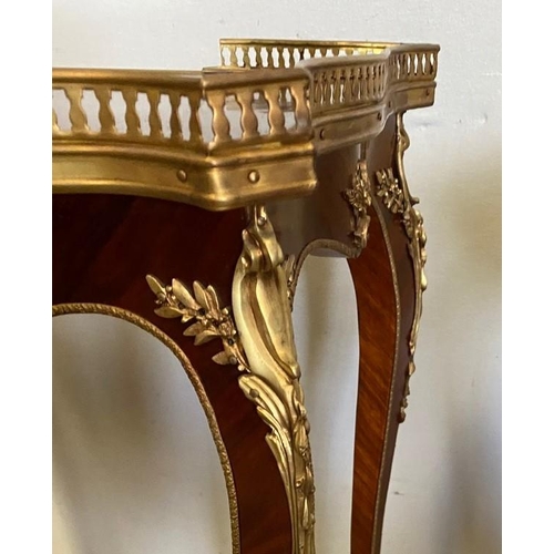 18 - A FINE PAIR OF FRENCH STYLE ROSEWOOD & MAHOGANY INLAID SIDE TABLES, each with raised pierced brass g... 