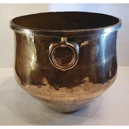 185 - A LARGE SIZED HEAVY SOLID BRASS TURF / LOG BUCKET, with ring handles to the sides, a nice gadrooned ... 