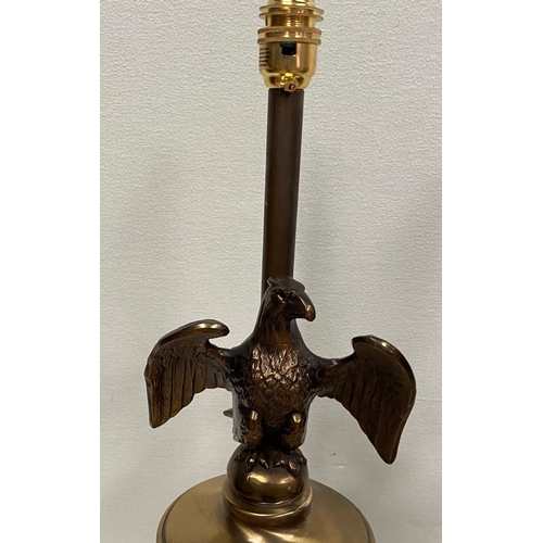 187 - A PAIR OF VINTAGE BRASS TABLE LAMPS, with eagle mount decoration to the sculptural base, 61cm tall t... 