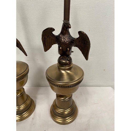 187 - A PAIR OF VINTAGE BRASS TABLE LAMPS, with eagle mount decoration to the sculptural base, 61cm tall t... 