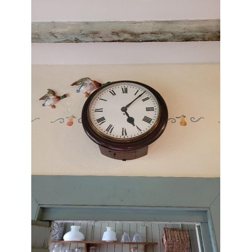 193 - A GOOD QUALITY MAHOGANY RAILWAY STATION CLOCK, with fusee movement, 55cm long x 55cm wide approx.