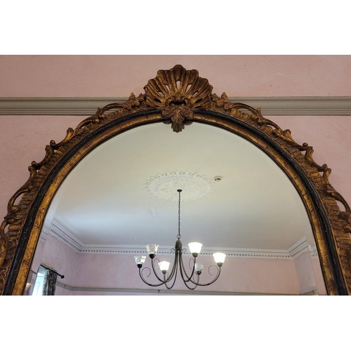 198 - A GOOD GILT OVERMANTLE / HALL MIRROR, with scroll and foliage detail to the frame, with a larger she... 