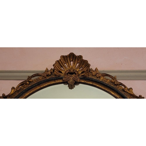 198 - A GOOD GILT OVERMANTLE / HALL MIRROR, with scroll and foliage detail to the frame, with a larger she... 