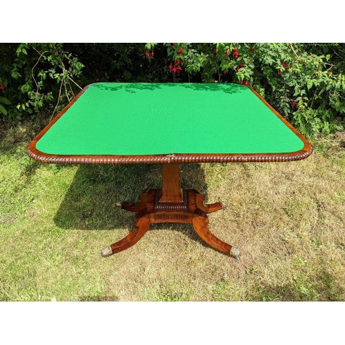 20 - A GOOD QUALITY REGENCY ROSEWOOD FOLD OVER CARD TABLE, with half circle edging detail and beaded deco... 