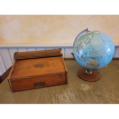 203 - A MAHOGANY TRAVELLING WRITING SLOPE / BOX, along with a globe circa 1970s.