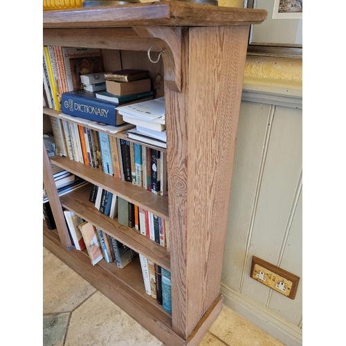 205 - A GOOD QUALITY PITCH PINE LONG OPEN FLOOR STANDING BOOKCASE, 33cm deep x (20 cm deep shelf) x 112cm ... 