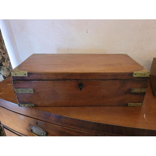 208 - A GOOD VICTORIAN MAHGOANY BRASS BOUND WRITING BOX, with handles to the side, hinged lid opens to rev... 