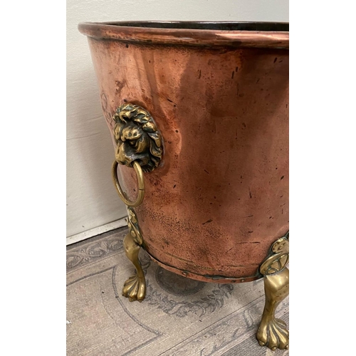 211 - A GEORGIAN COPPER AND BRASS COAL / LOG BUCKET, with lion head rings to the sides of the tapered body... 