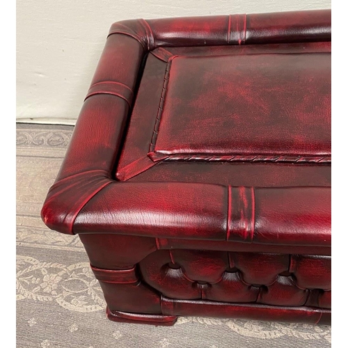 213 - A CHESTERFIELD STYLE OTTOMAN FOOT STOOL, with hinged lid, button detail to the sides, perfect match ... 