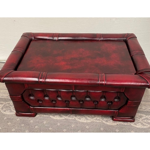 213 - A CHESTERFIELD STYLE OTTOMAN FOOT STOOL, with hinged lid, button detail to the sides, perfect match ... 