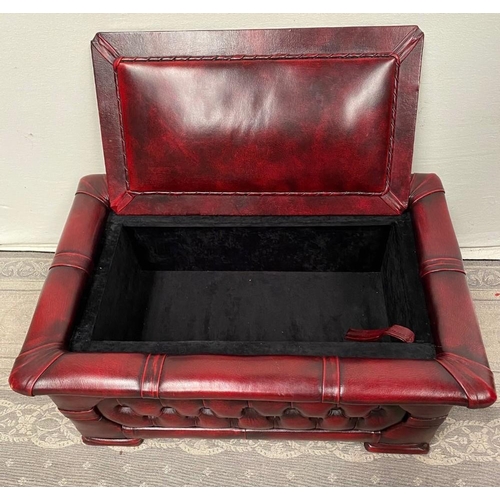 213 - A CHESTERFIELD STYLE OTTOMAN FOOT STOOL, with hinged lid, button detail to the sides, perfect match ... 