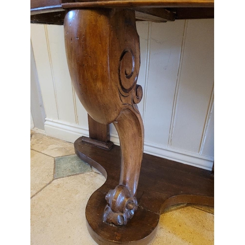 223 - A 19TH CENTURY MAHOGANY MARBLE TOPPED DEMI LUNE CONSOLE TABLE, with carved centre leg and flat back ... 