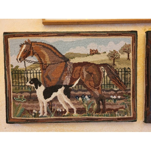 225 - A PAIR OF VINTAGE NEEDLE POINT TAPESTRY PICTURES, with farm scenes, 57cm wide x 38cm tall approx. un... 