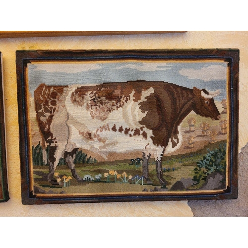 225 - A PAIR OF VINTAGE NEEDLE POINT TAPESTRY PICTURES, with farm scenes, 57cm wide x 38cm tall approx. un... 