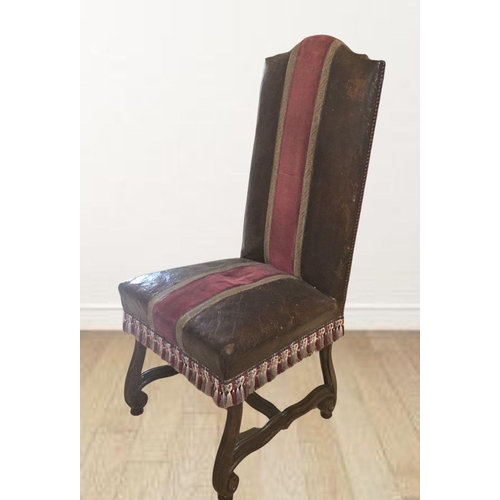 233 - A SET OF FIVE LEATHER AND VELVET UPHOLSTERED MAHOGANY CHAIRS, with fringe detail