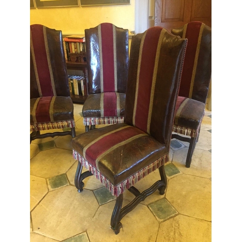 233 - A SET OF FIVE LEATHER AND VELVET UPHOLSTERED MAHOGANY CHAIRS, with fringe detail