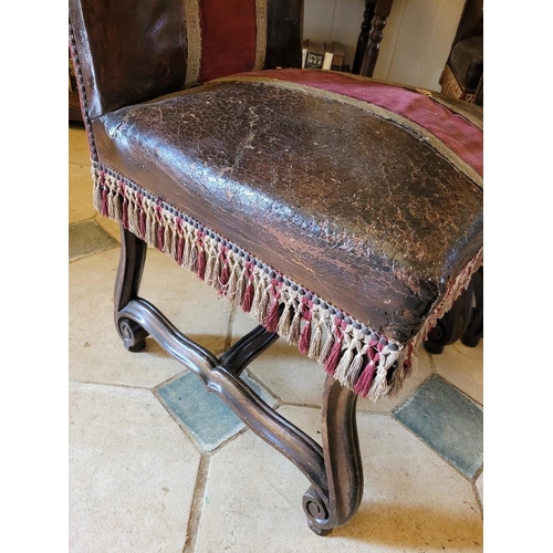 233 - A SET OF FIVE LEATHER AND VELVET UPHOLSTERED MAHOGANY CHAIRS, with fringe detail