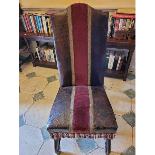 233 - A SET OF FIVE LEATHER AND VELVET UPHOLSTERED MAHOGANY CHAIRS, with fringe detail