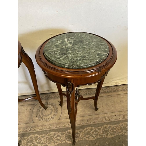 27 - A PAIR OF MARBLE TOPPED MAHOGANY LAMP / JARINIRE STANDS, with green marble inserts inside a beaded t... 