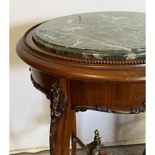 27 - A PAIR OF MARBLE TOPPED MAHOGANY LAMP / JARINIRE STANDS, with green marble inserts inside a beaded t... 