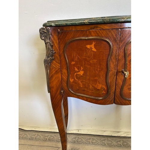 30 - A FRENCH STYLE ROSEWOOD AND KINGWOOD MARBLE TOPPED 2 DOOR CABINET, with green marble top, over a 2 d... 