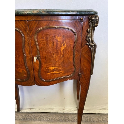 30 - A FRENCH STYLE ROSEWOOD AND KINGWOOD MARBLE TOPPED 2 DOOR CABINET, with green marble top, over a 2 d... 