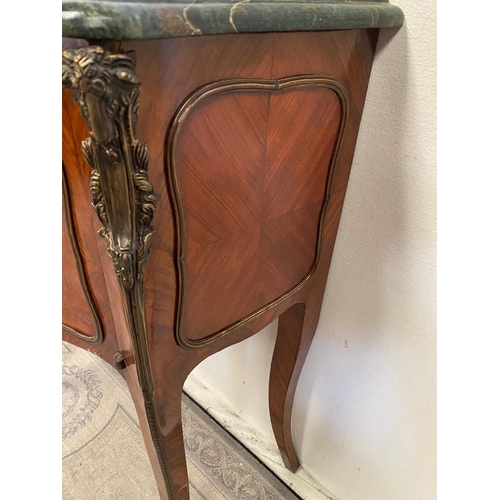 30 - A FRENCH STYLE ROSEWOOD AND KINGWOOD MARBLE TOPPED 2 DOOR CABINET, with green marble top, over a 2 d... 