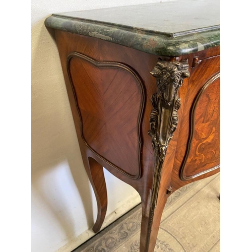 30 - A FRENCH STYLE ROSEWOOD AND KINGWOOD MARBLE TOPPED 2 DOOR CABINET, with green marble top, over a 2 d... 