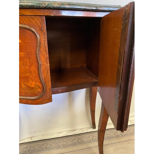 30 - A FRENCH STYLE ROSEWOOD AND KINGWOOD MARBLE TOPPED 2 DOOR CABINET, with green marble top, over a 2 d... 