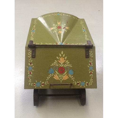 38 - A LARGE SLEIGH SHAPED TOLEWARE COAL / LOG SCUTTLE, with over all green colour and hand painted flora... 