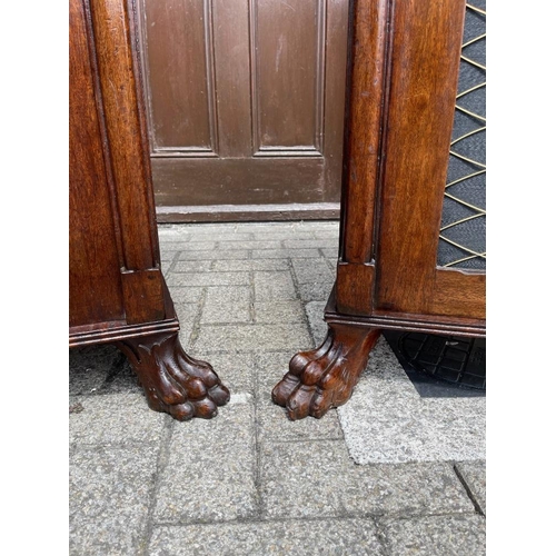 42 - A VERY FINE AND RARE PAIR OF IRISH MAHOGANY FLOOR BOOKCASES / CABINETS, with brass grill doors, rais... 