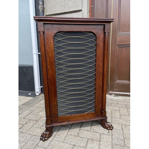 42 - A VERY FINE AND RARE PAIR OF IRISH MAHOGANY FLOOR BOOKCASES / CABINETS, with brass grill doors, rais... 