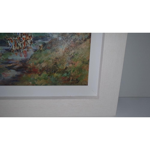 44 - ANN KELLY, (IRISH CONTEMPORARY), THE HUNT, acrylic on canvas, signed lower right, framed nicely, 51.... 