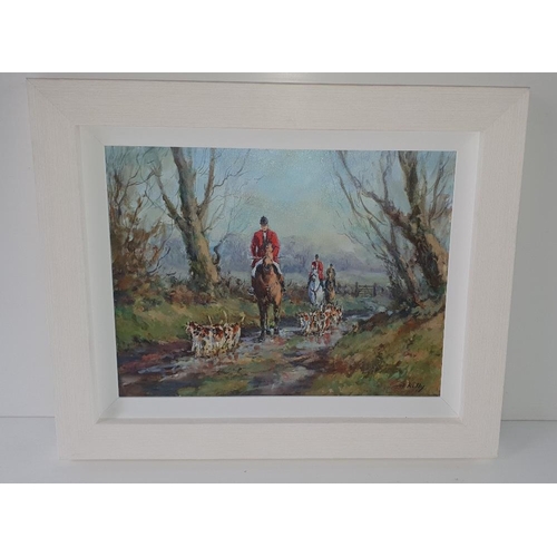 44 - ANN KELLY, (IRISH CONTEMPORARY), THE HUNT, acrylic on canvas, signed lower right, framed nicely, 51.... 