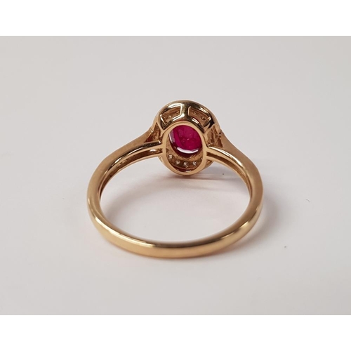 58 - A BEAUTIFUL 9CT YELLOW GOLD RUBY AND DIAMOND HALO RING, with a stunning central oval shaped ruby sto... 