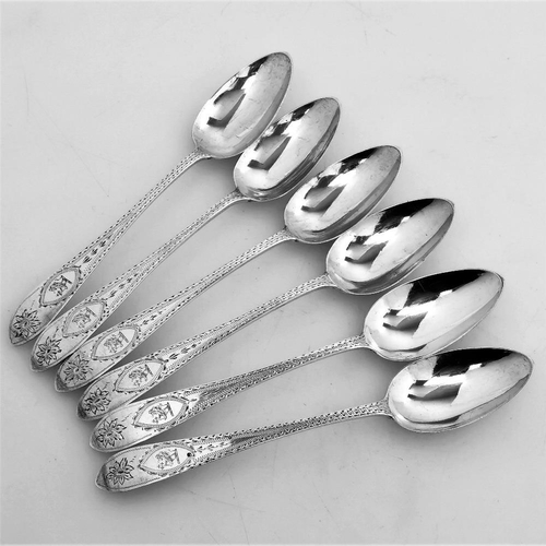 59 - A FINE LATE 19TH CENTURY SET OF 6 IRISH SILVER DESSERT SPOONS, each with bright cut design to the st... 