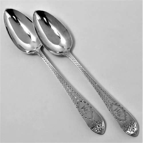 59 - A FINE LATE 19TH CENTURY SET OF 6 IRISH SILVER DESSERT SPOONS, each with bright cut design to the st... 