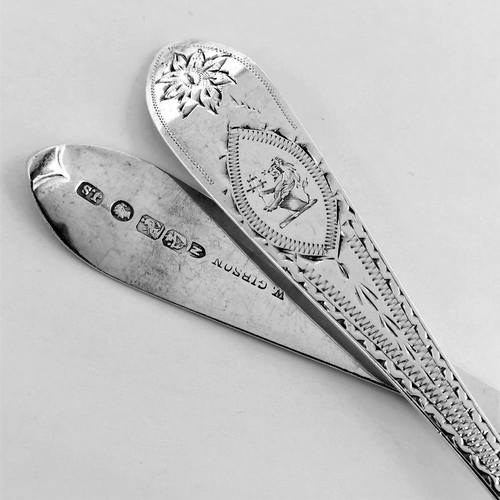 59 - A FINE LATE 19TH CENTURY SET OF 6 IRISH SILVER DESSERT SPOONS, each with bright cut design to the st... 