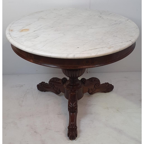 77 - A VERY FINE 19TH CENTURY MAHOGANY MARBLE TOPPED CENTRE ‘GUERIDON’ TABLE, the white marble top sits u... 