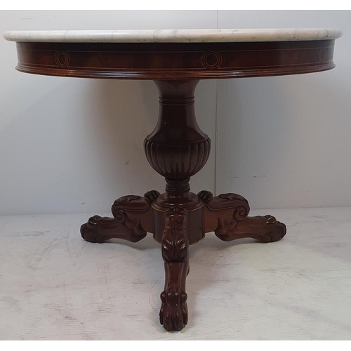 77 - A VERY FINE 19TH CENTURY MAHOGANY MARBLE TOPPED CENTRE ‘GUERIDON’ TABLE, the white marble top sits u... 