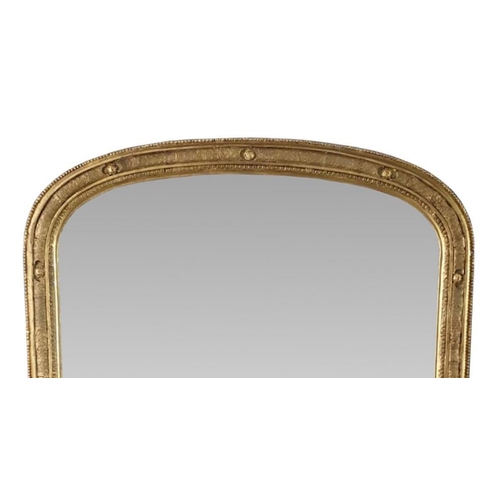 81 - A FINE 19TH CENTURY GILT OVER MANTLE MIRROR, with arched top, decorated with beaded detail and scrol... 