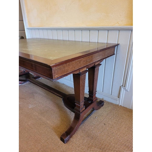 82 - A LATE 19TH CENTURY FIDDLE BACK MAHOGANY CROSSBANDED IN STAINWOOD LIBRARY / READING TABLE, with leat... 