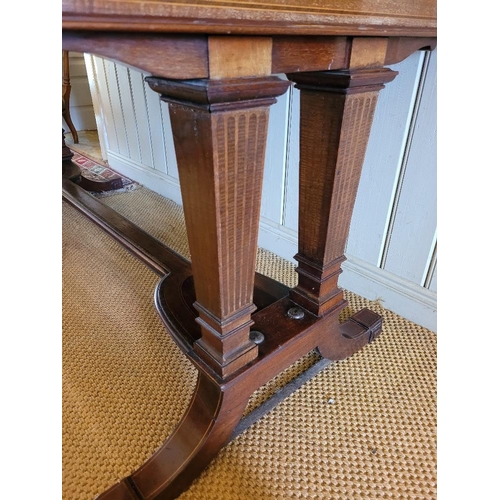 82 - A LATE 19TH CENTURY FIDDLE BACK MAHOGANY CROSSBANDED IN STAINWOOD LIBRARY / READING TABLE, with leat... 