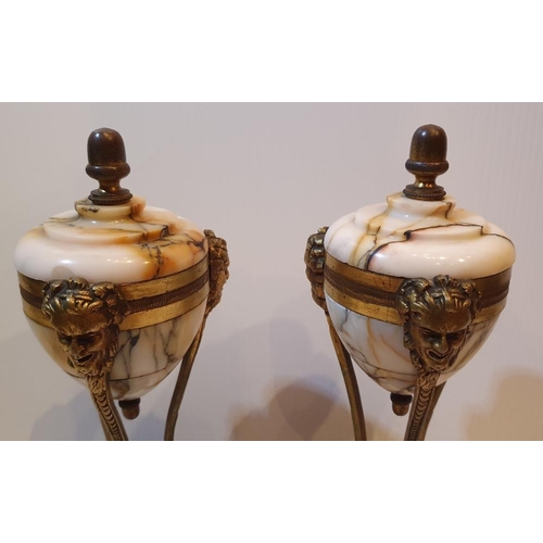 97 - A GOOD QUALITY PAIR OF 19TH CENTURY MARBLE AND GILDED BRASS CASSOLETTES, in excellent condition, 30.... 