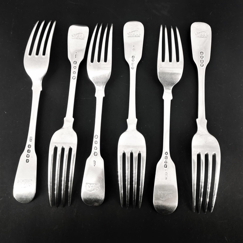 101 - A FINE SET OF 19TH CENTURY SILVER ‘FIDDLE & THREAD’ DINNER FORKS, various dates ranging from 1820 to... 