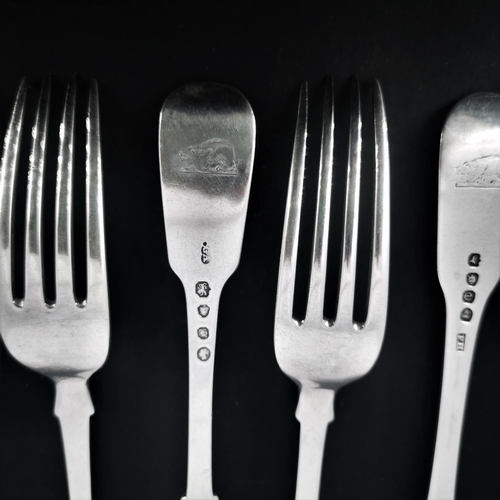 101 - A FINE SET OF 19TH CENTURY SILVER ‘FIDDLE & THREAD’ DINNER FORKS, various dates ranging from 1820 to... 