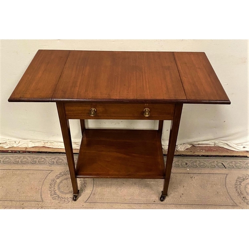 107 - A GOOD MAHOGANY STRING INLAID DROP LEAF SIDE TABLE, with a single drawer to the frieze, raised on ta... 