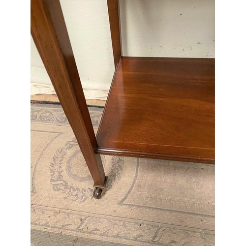 107 - A GOOD MAHOGANY STRING INLAID DROP LEAF SIDE TABLE, with a single drawer to the frieze, raised on ta... 